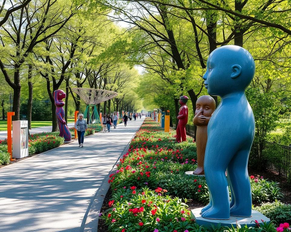 Geniet van een wandelroute door een stadspark vol kunst