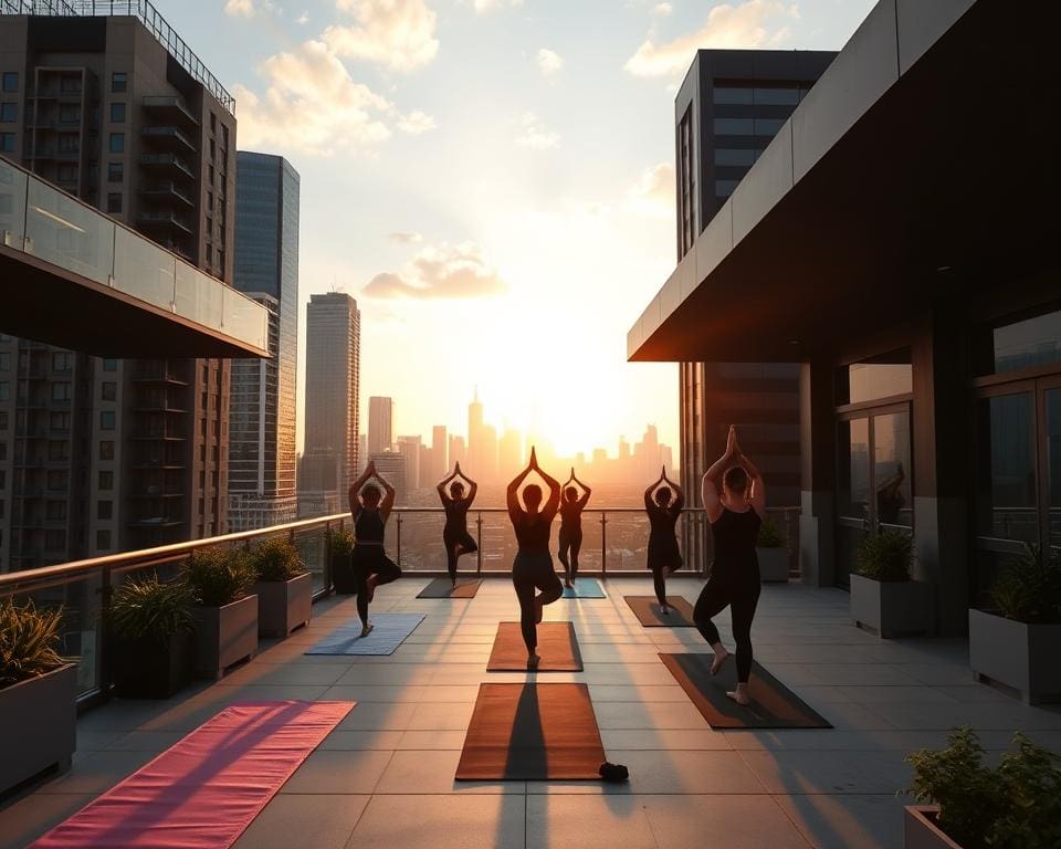 Probeer een rooftop yoga sessie met uitzicht op de skyline