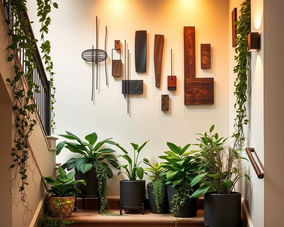Trap decoratie met planten en kunstwerken